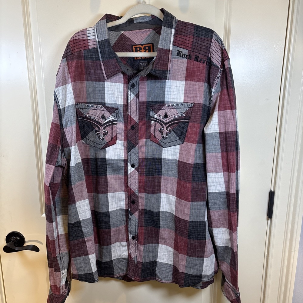 Rock Revival Men's Long Sleeve Shirt Maroon Plaid Embroidered Button Up Size 3XL